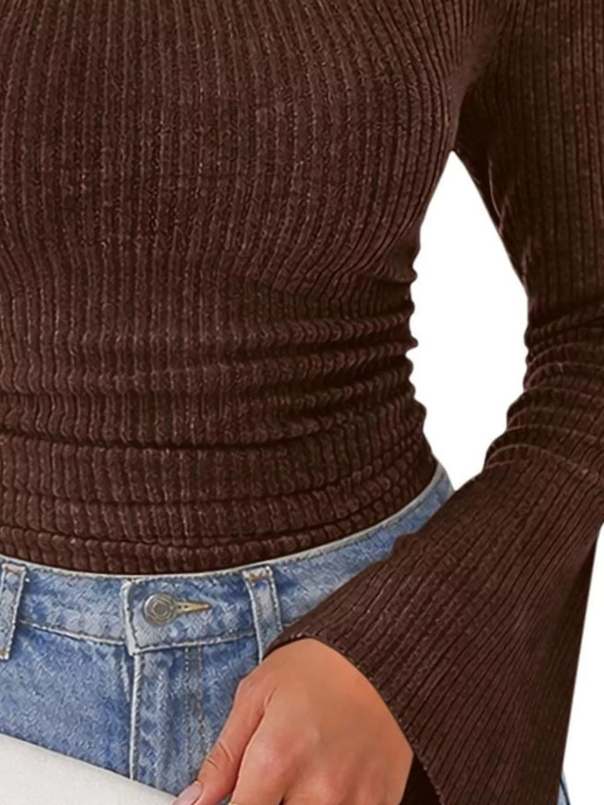 Ribbed Knit Cowl Neck Flared Sleeves Top (15)