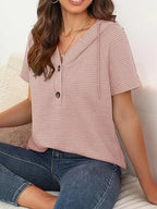 Drawstring Waffle-knit Short Sleeve Hooded Top (10)