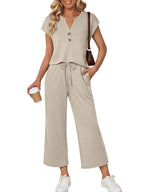 Notched Short Sleeve Top Pants Set