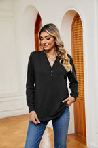 Buttoned Notched Neck Long Sleeve Top (14)