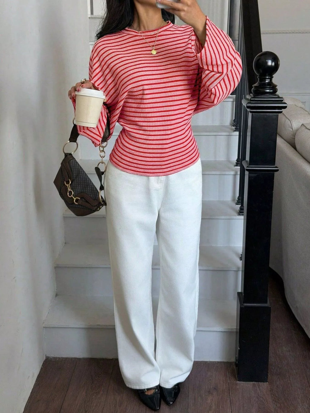Casual Striped Batwing Sleeve T-shirt (19)