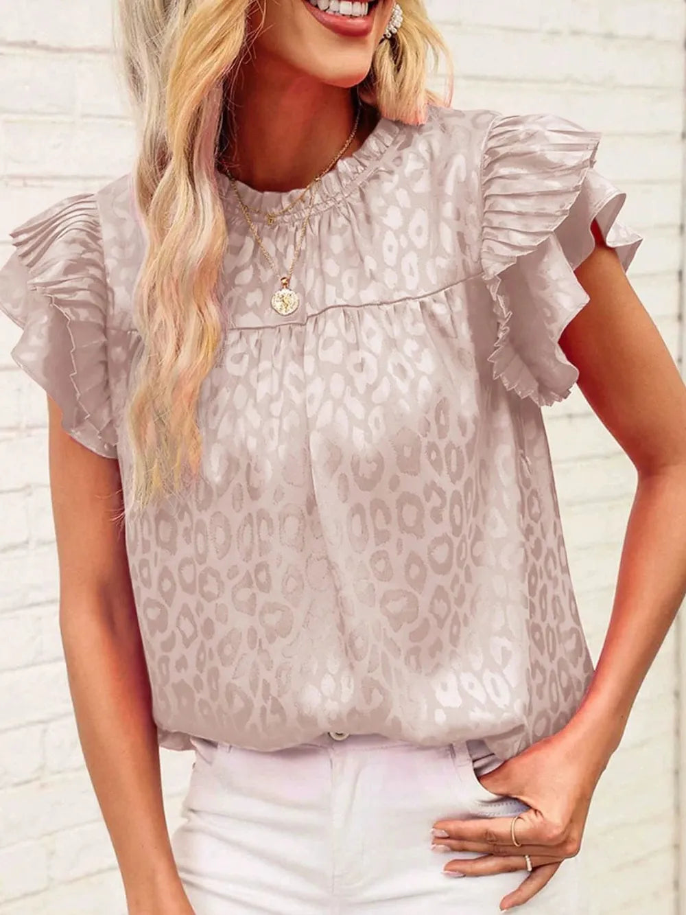 Leopard Frill Mock Neck Ruffled Cap Sleeve Top (15)