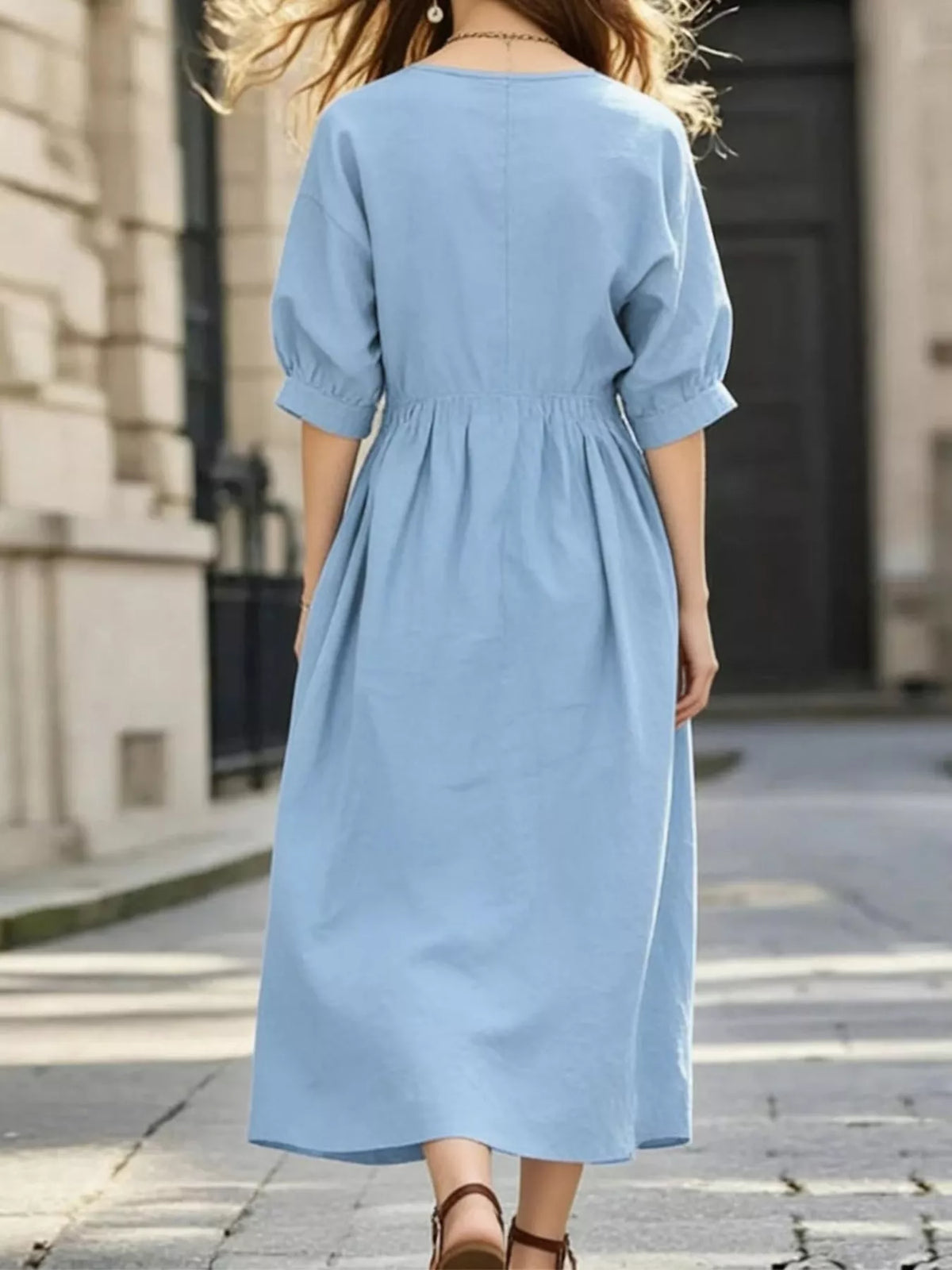 Notched Half Sleeve Midi Dress (2)