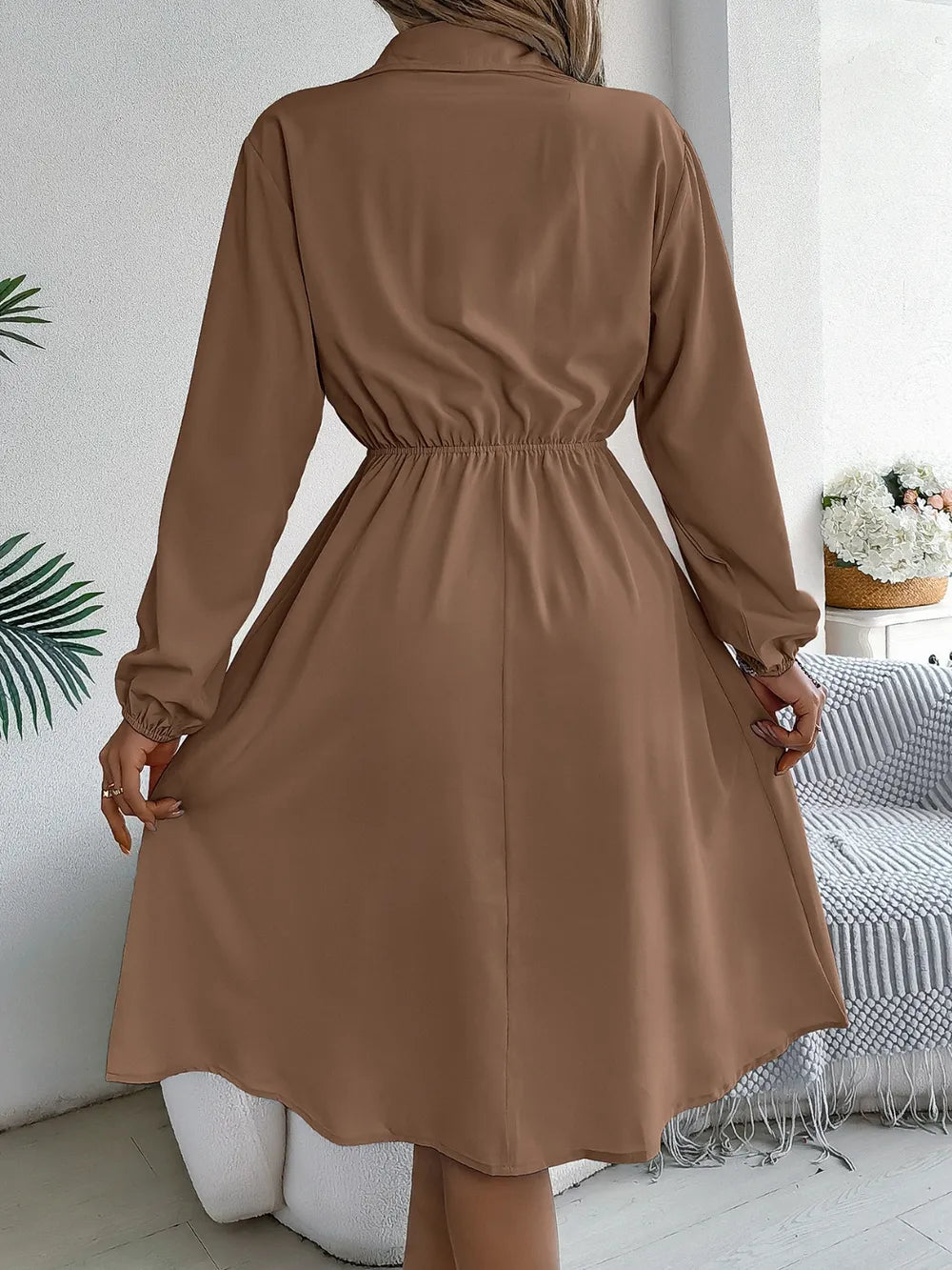 Collared Neck Long Sleeve Dress Pockets (20)