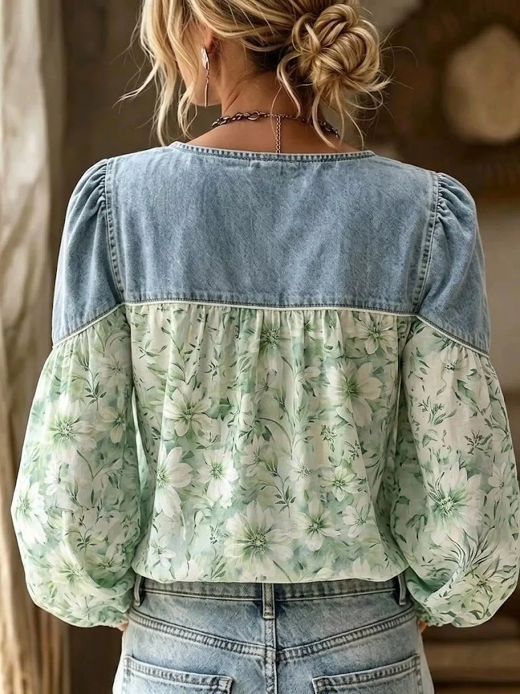 Full Size Denim Patchwork Floral Top Plus (4)