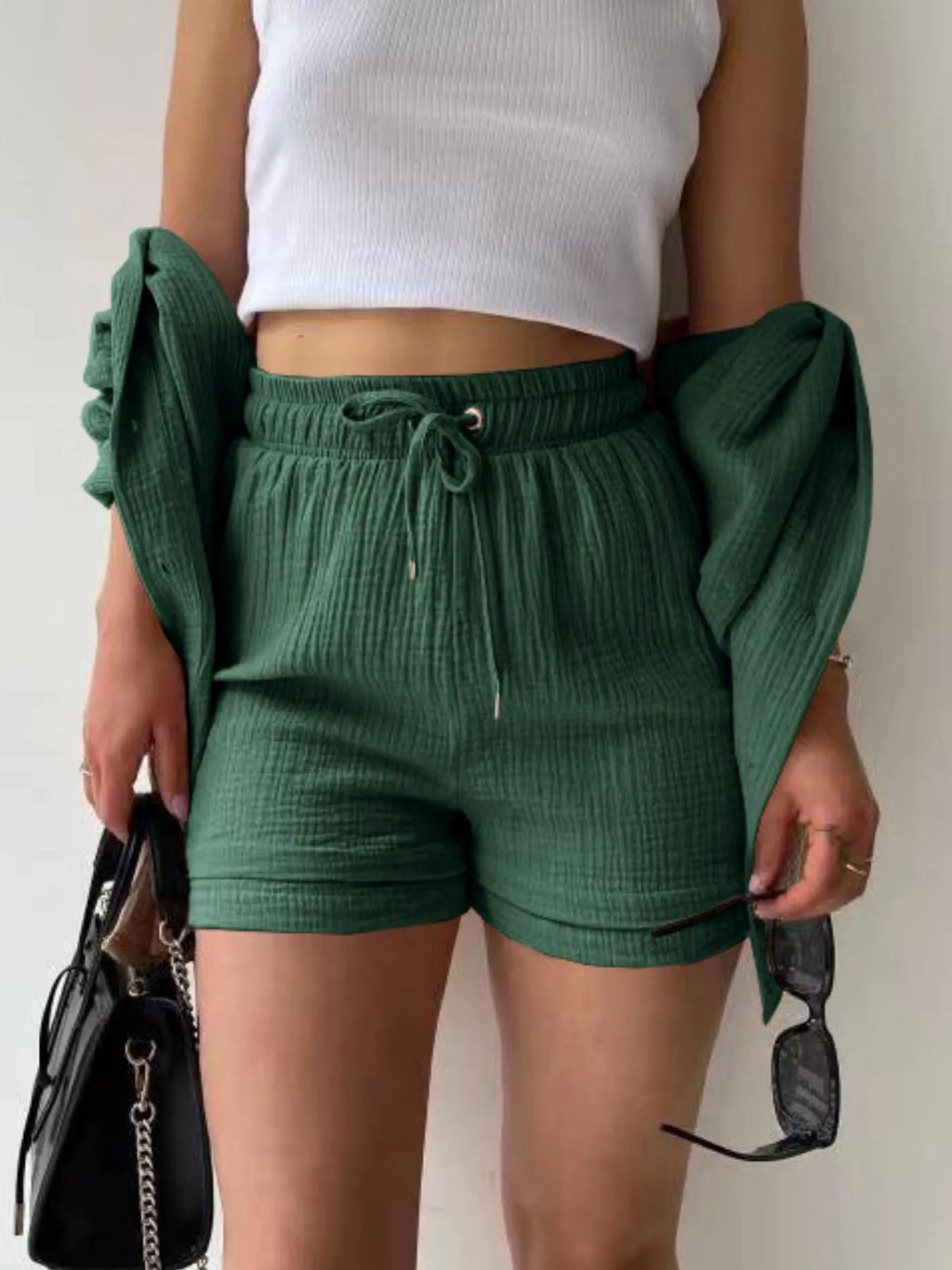 Textured Button Up Shirt Shorts Set (11)