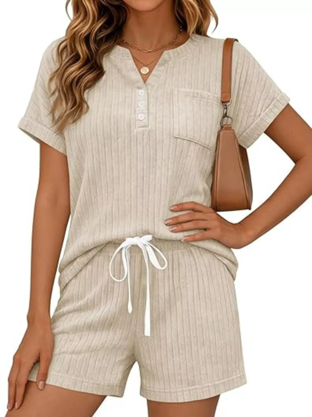 Casual Ribbed Knit Tee Shorts Set (7)