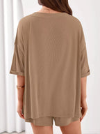 Casual Solid Color V-neck Top Shorts Set (6)
