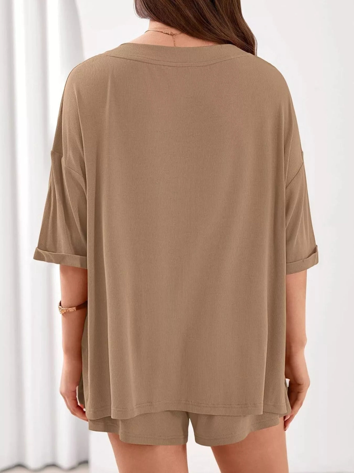 Casual Solid Color V-neck Top Shorts Set (6)