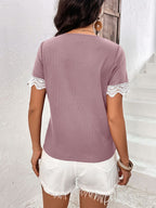 Decorative Button Spliced Lace Short Sleeve Top (2)