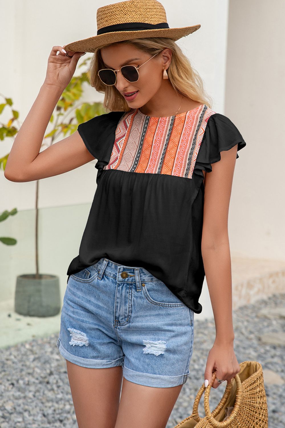 Contrast Print Butterfly Sleeve Top (3)