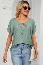 Eyelet Tie Neck Flutter Sleeve Blouse (16)