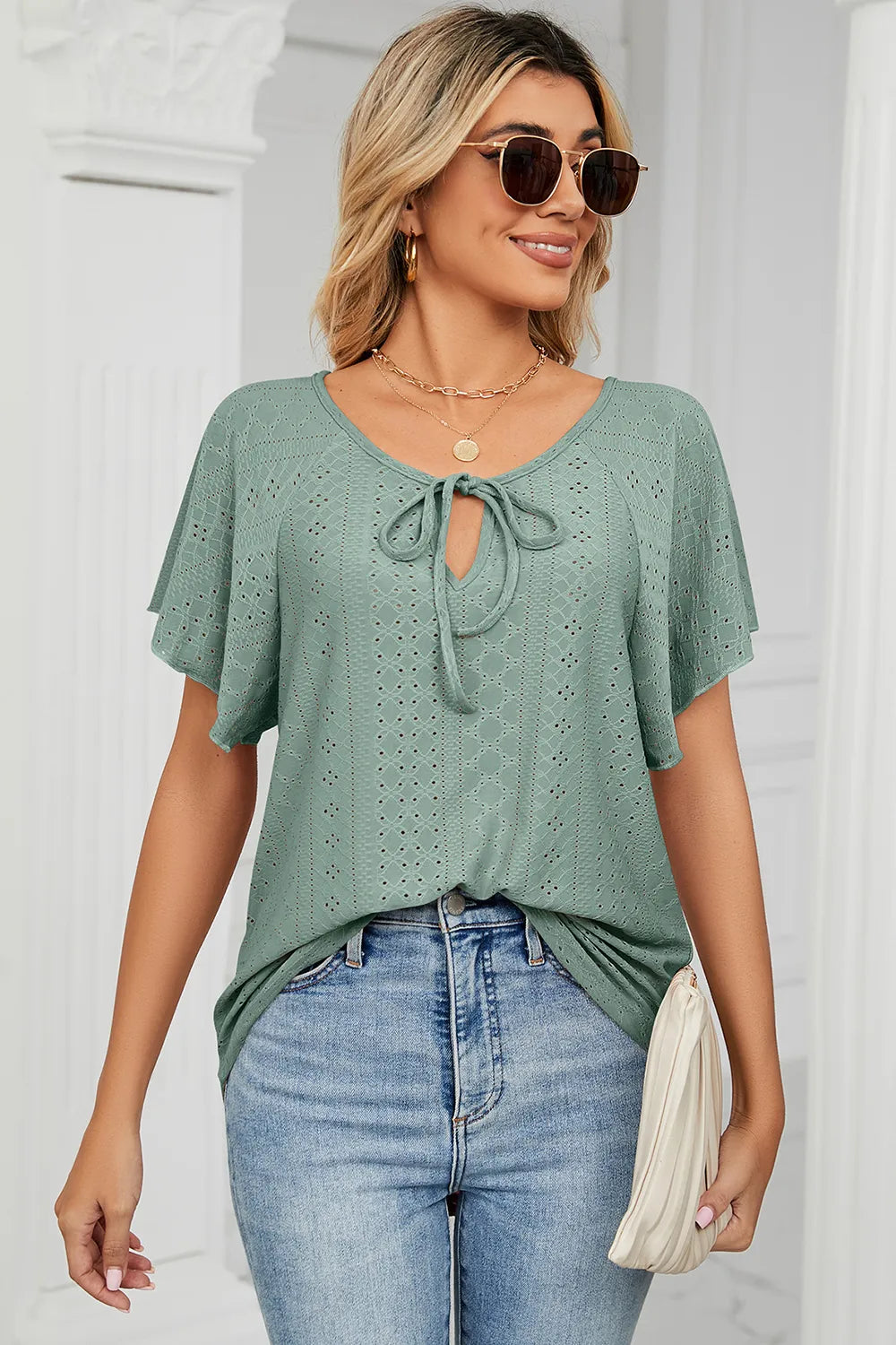 Eyelet Tie Neck Flutter Sleeve Blouse (16)