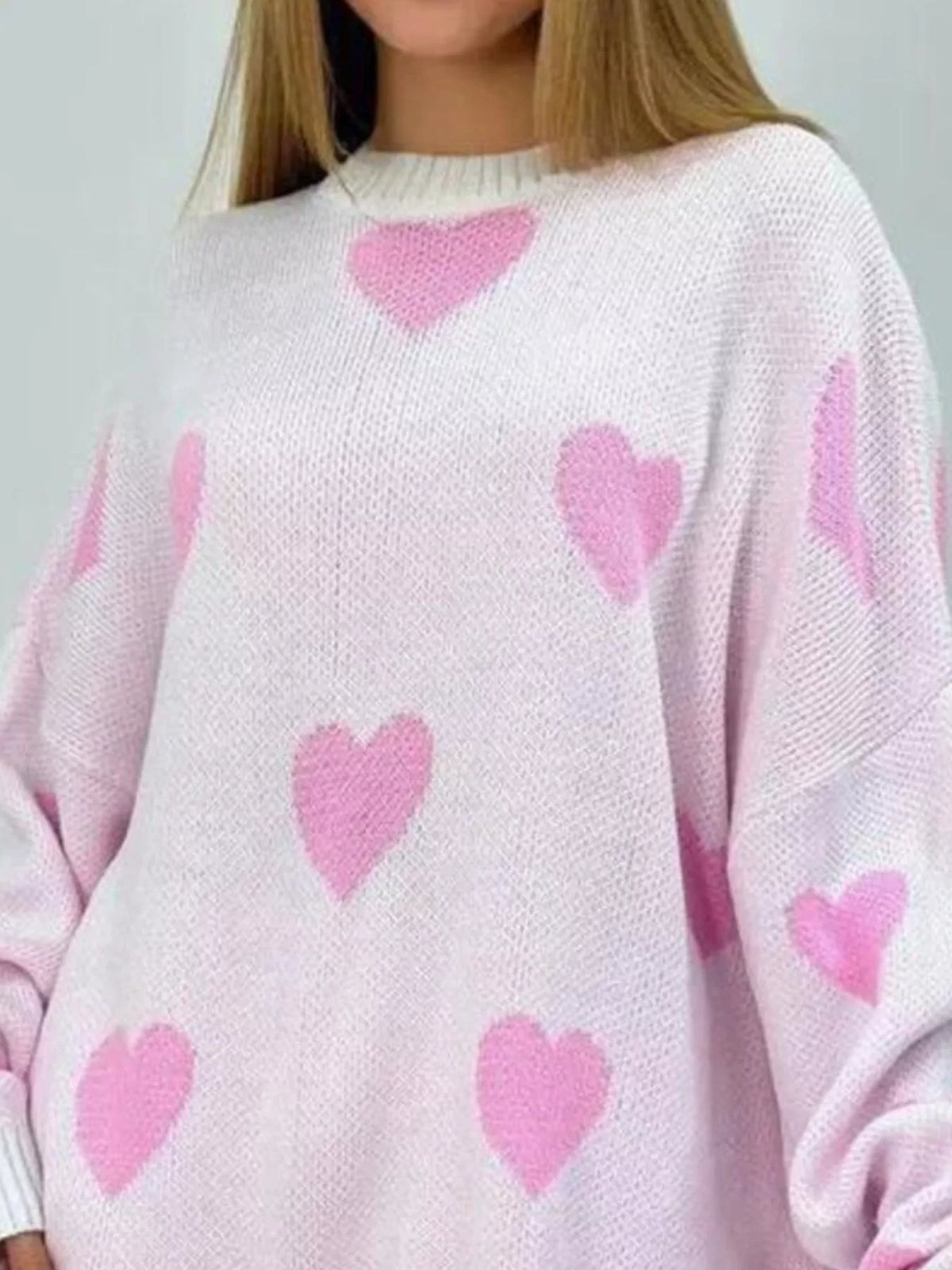 Heart Round Neck Oversized Knit Sweater (2)