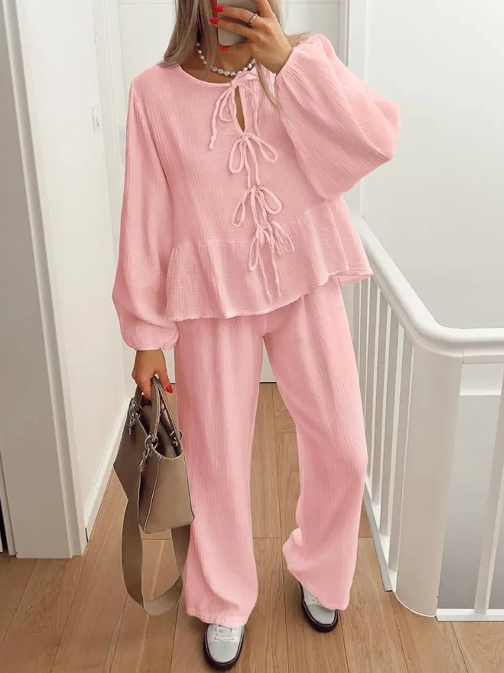 Tie Neck Balloon Sleeve Top Pants Set (9)