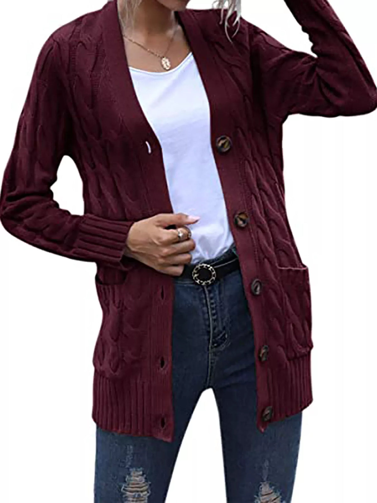 Full Size Chunky Cable Knit Button-down Cardigan Plus (2)