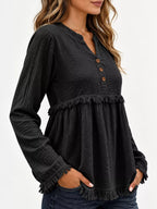 Full Size Frayed Hem Button Detail Blouse Plus (7)
