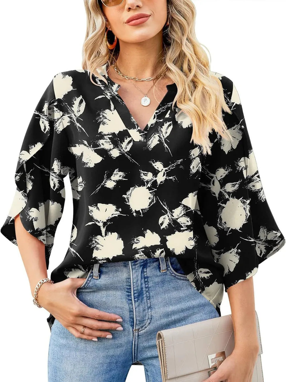 Printed Notched Half Sleeve Blouse (7)