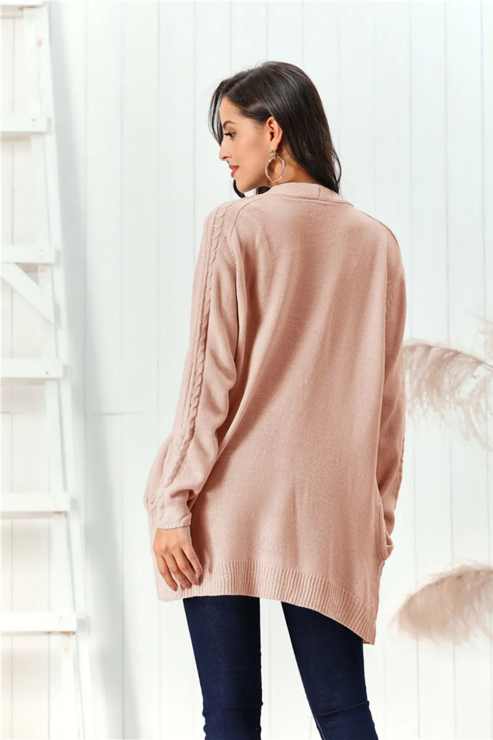 Cable-knit Open Front Long Sleeve Cardigan (4)