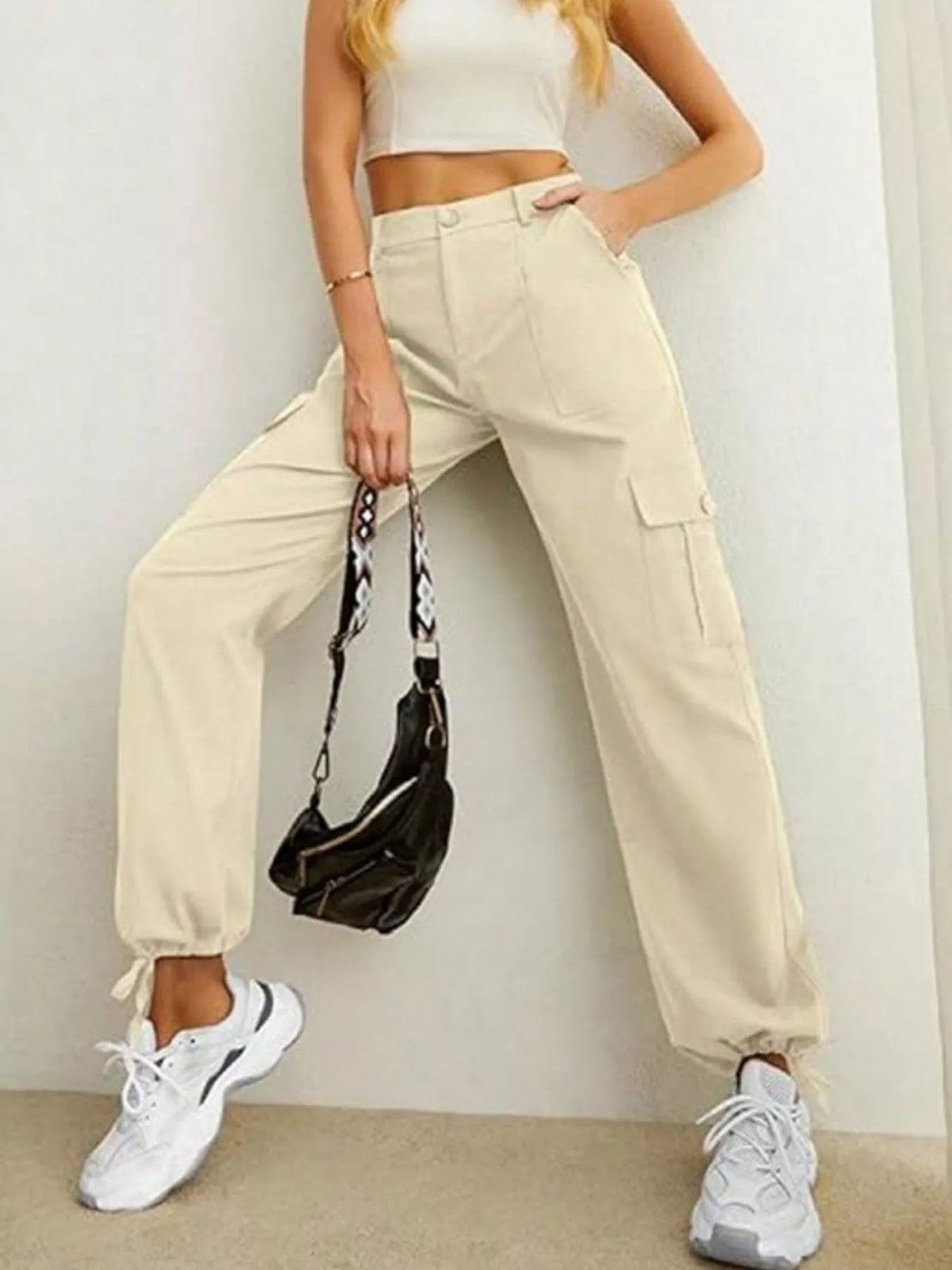 High-waisted Cargo Pants Drawstring Cuffs