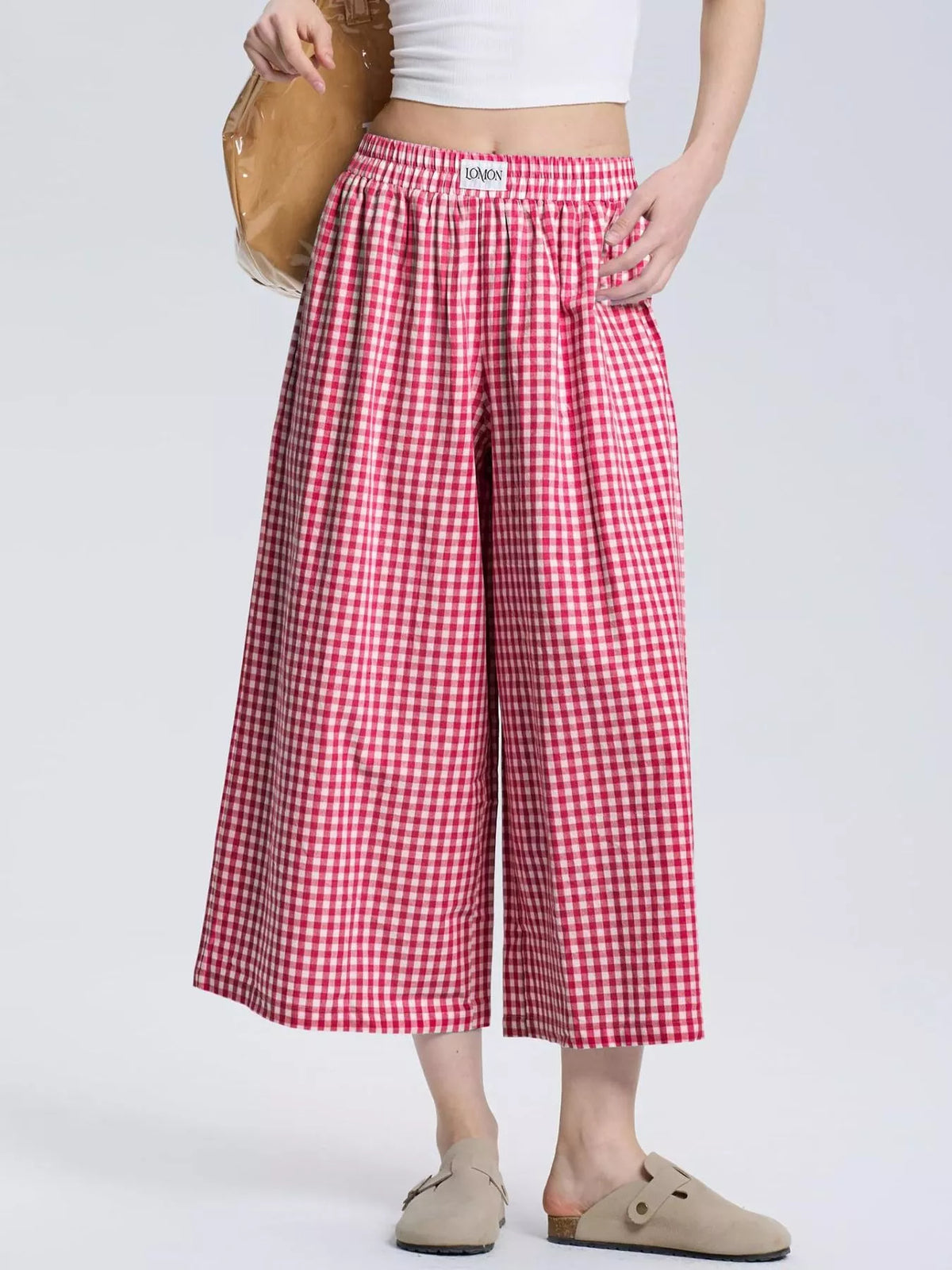Gingham Wide-leg Cropped Pants