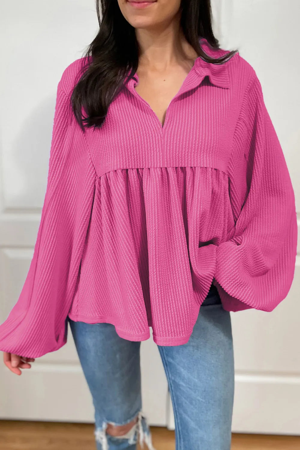 Corded Johnny Collar Long Sleeve Babydoll Blouse (9)