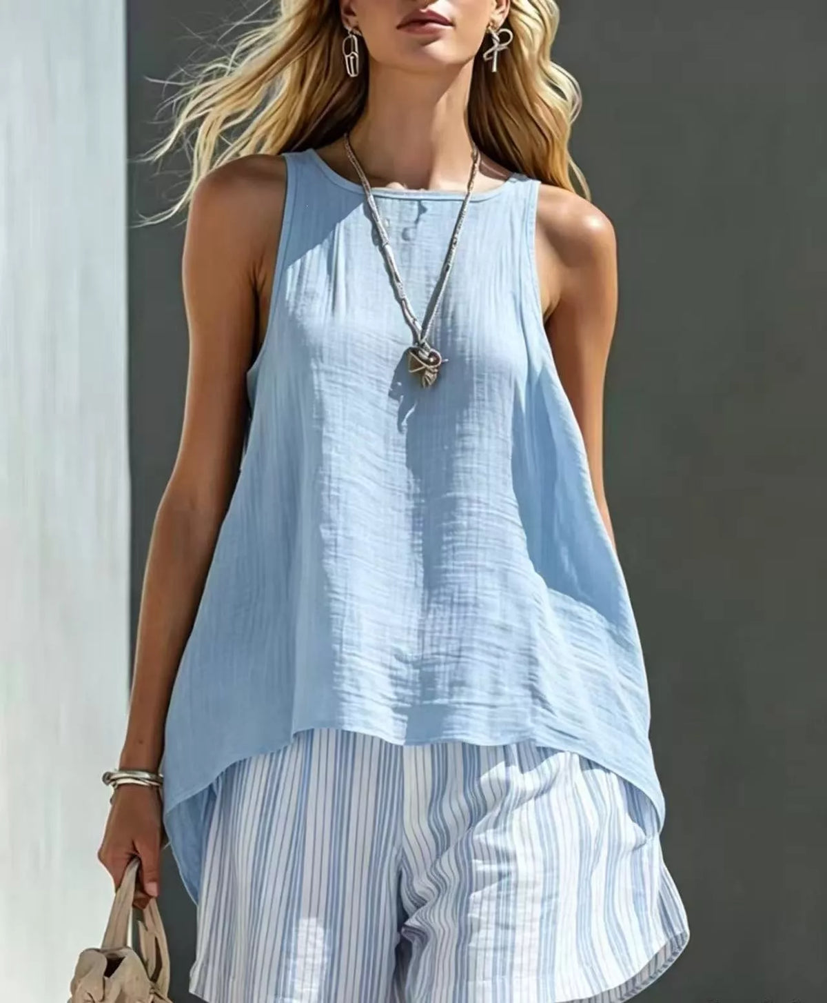 Round Neck Tank Striped Shorts Set (7)