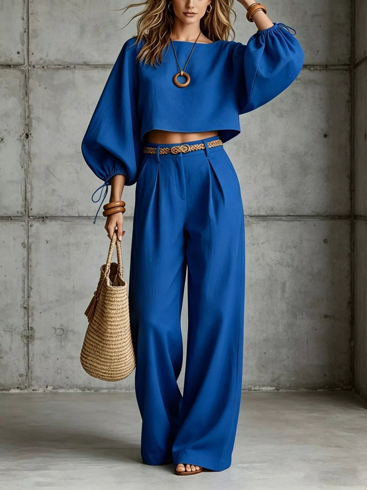 Balloon Sleeve Crop Top Wide-leg Pants Set (7)