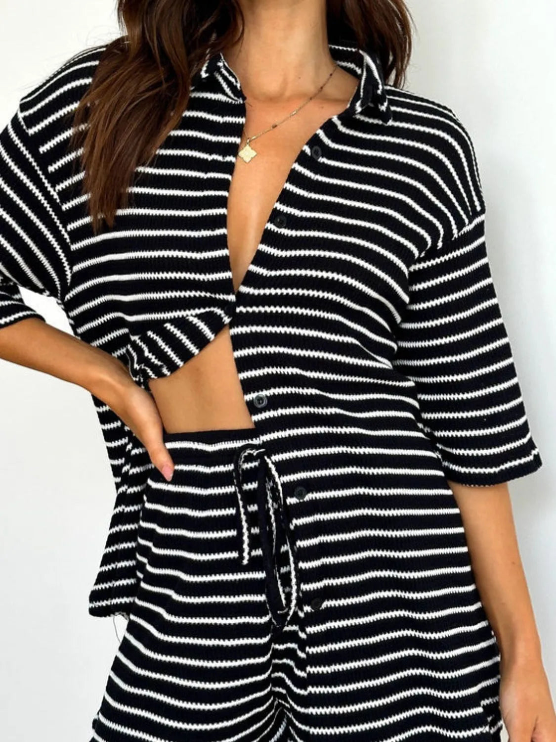 Striped Half Sleeve Top Shorts Set (17)