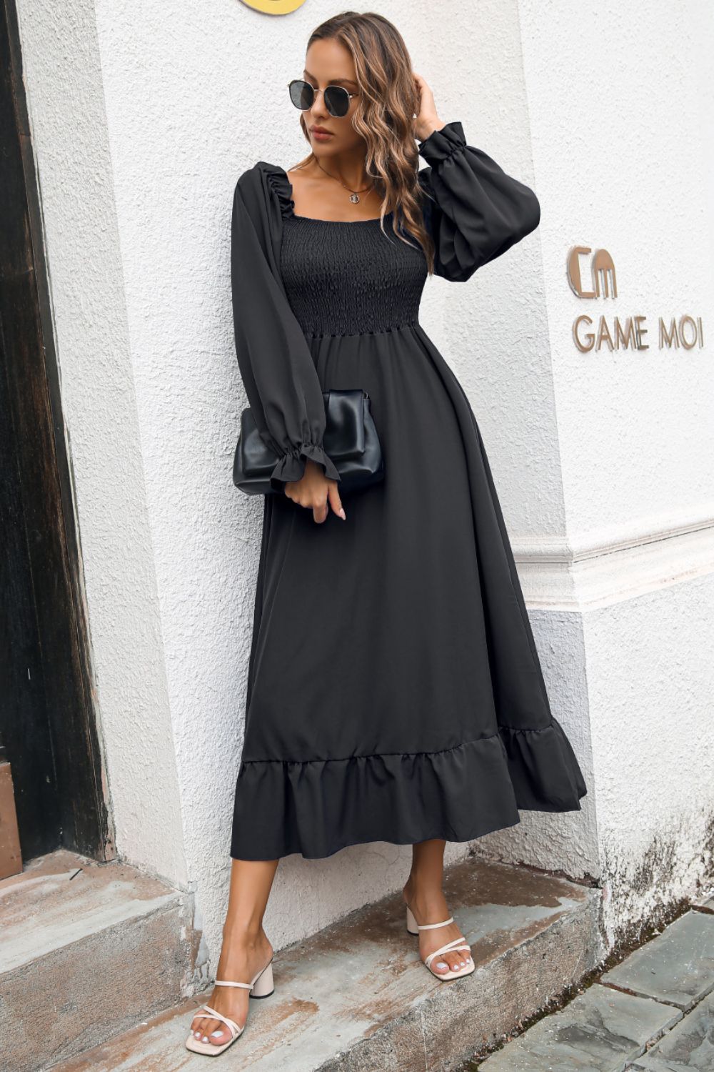 Smocked Ruffle Hem Flounce Sleeve Dress (7)