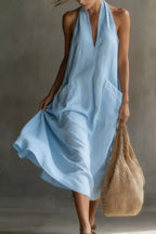 Casual Halter Neck Pocket Midi Dress (2)