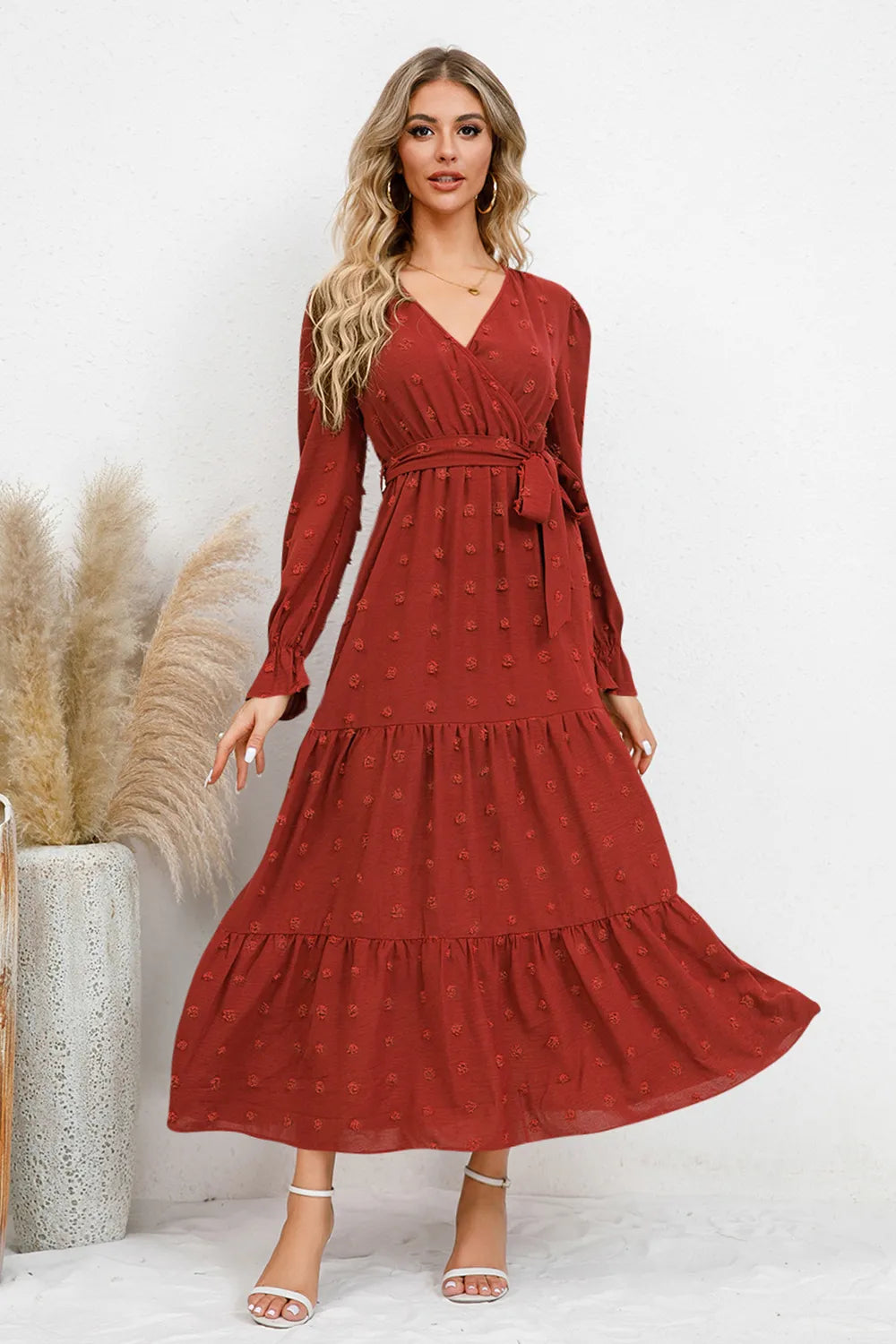 Swiss Dot Tied Surplice Flounce Sleeve Dress (9)