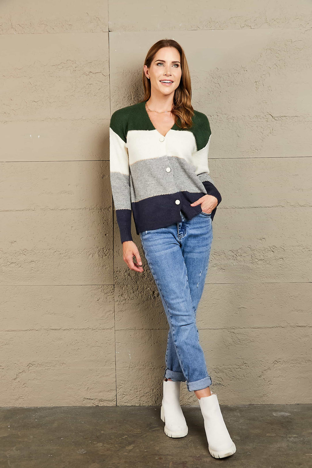 Block V-neck Button Down Cardigan (4)