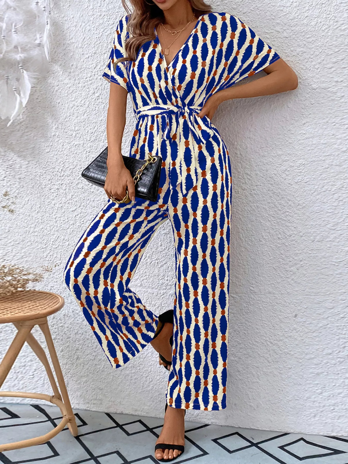 Printed Surplice Tie Waist Short Sleeve Jumpsuit (13)