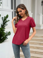 Eyelet Round Neck Short Sleeve Blouse (3)