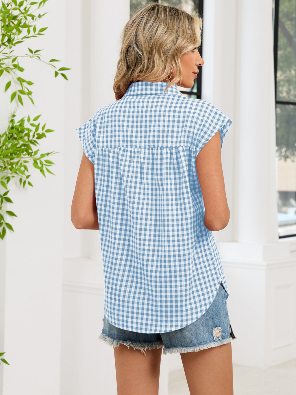Plaid Button Up Cap Sleeve Shirt (14)