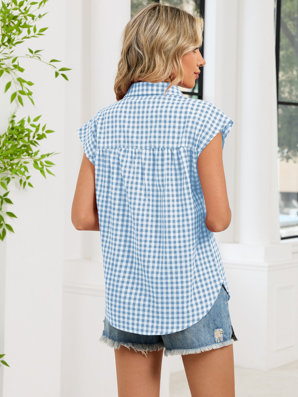 Plaid Button Up Cap Sleeve Shirt (14)