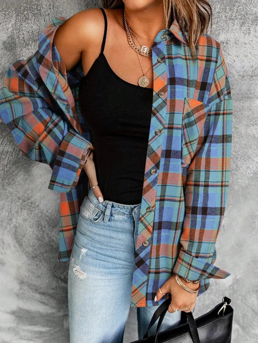 Plaid Collared Neck Long Sleeve Shirt (8)