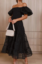 Off Shoulder Short Puff Sleeve Midi Dress (19)