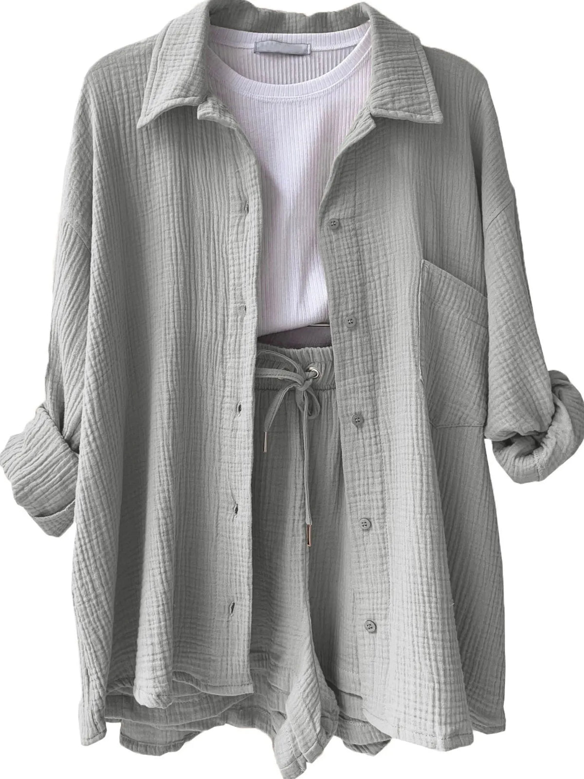Textured Button Up Shirt Shorts Set (4)