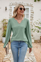 Eyelet Notched Neck Balloon Sleeve Blouse (3)