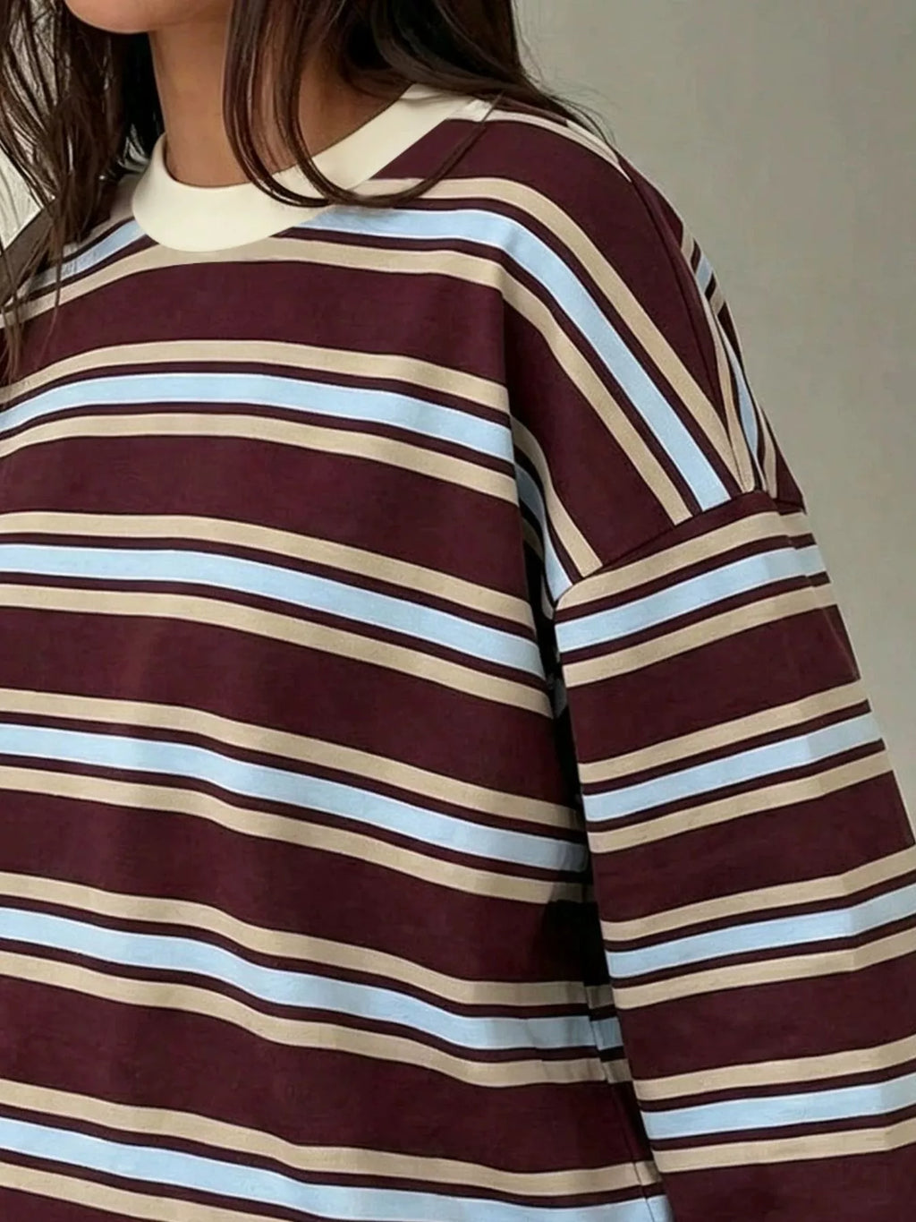 Full Size Casual Long-sleeve Striped Crew Neck T-shirt Plus (16)