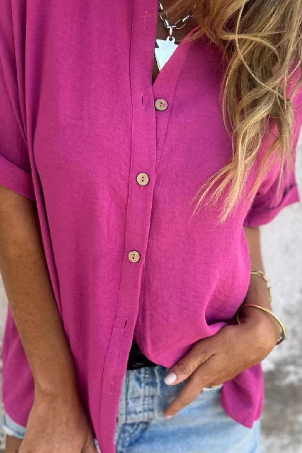 Full Size Casual Button Down Short Sleeve Loose Shirt Plus (14)
