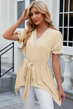Swiss Dot Tie Waist Flounce Sleeve Blouse (19)