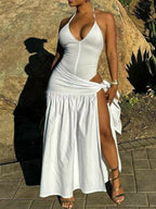 Halter Neck Ruched Bodysuit Maxi Skirt Set