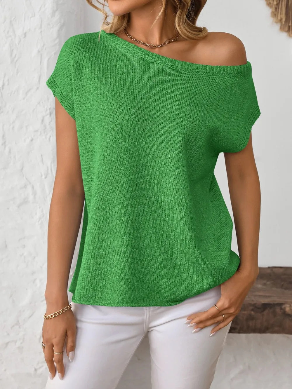 Boat Neck Short Sleeve Knit Top (10)