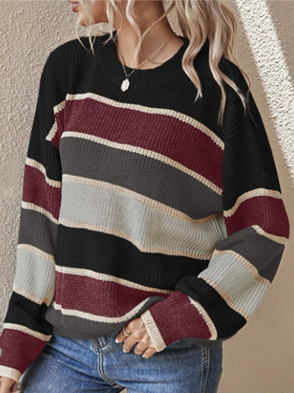 Block Striped Crew Neck Sweater (8)