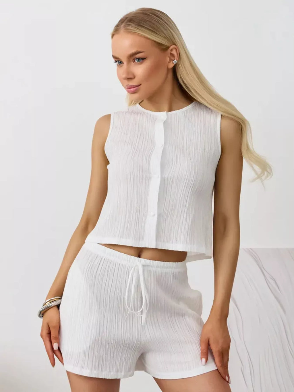 Textured Round Neck Tank Shorts Set (4)