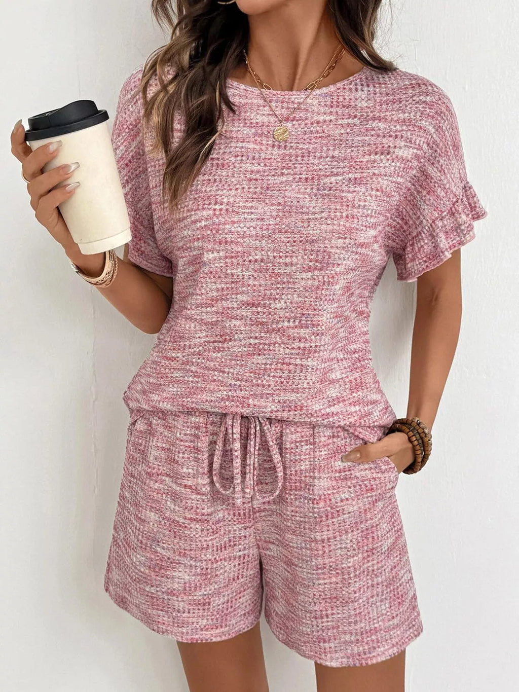 Ruffle Sleeve Textured Top Shorts Set