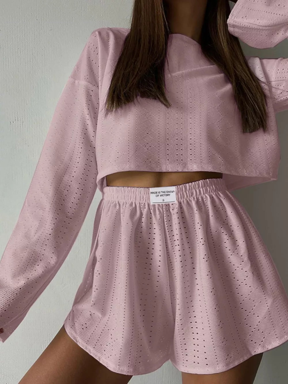 Eyelet Round Neck Top Shorts Set (16)